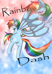 Size: 1430x2023 | Tagged: safe, rainbow dash, pegasus, pony, blue coat, blushing, female, mare, multicolored mane, pixiv