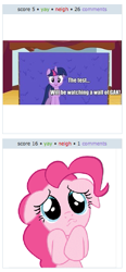 Size: 265x571 | Tagged: safe, pinkie pie, twilight sparkle, earth pony, pony, exploitable meme, gak, juxtaposition, juxtaposition win