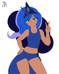 Size: 1200x1500 | Tagged: safe, artist:souladdicted, edit, princess luna, human, belly button, breasts, clothes, crown, dark skin, delicious flat chest, female, flat colors, flatuna, humanized, jewelry, looking at you, midriff, peace sign, regalia, skirt, solo, tanktop, younger