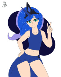 Size: 1200x1500 | Tagged: safe, artist:souladdicted, edit, princess luna, human, age regression, belly button, breasts, clothes, crown, delicious flat chest, female, flat colors, flatuna, humanized, jewelry, light skin, looking at you, midriff, peace sign, regalia, skirt, solo, tanktop, younger