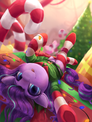 Size: 3000x4000 | Tagged: safe, artist:vanillaghosties, starlight glimmer, pony, unicorn, candy, candy cane, christmas, christmas lights, christmas tree, clothes, cute, female, food, glimmerbetes, high res, holiday, looking at you, mare, missing horn, smiling, socks, solo, stockings, striped socks, thigh highs, tongue out, tree, weapons-grade cute