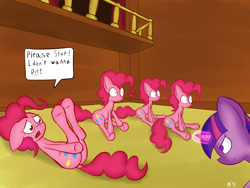 Size: 2000x1506 | Tagged: safe, artist:mostlyponyart, pinkie pie, twilight sparkle, earth pony, pony, unicorn, too many pinkie pies, begging, butt, clone, female, imminent death, imminent murder, mare, on back, pinkie clone, pinkie clone debate, plot