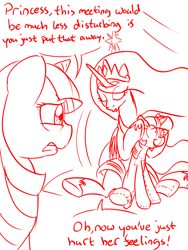 Size: 600x800 | Tagged: source needed, safe, artist:conicer, princess celestia, twilight sparkle, alicorn, pony, caption, doll, eyes closed, frown, gritted teeth, insanity, monochrome, plushie, sitting, smiling, snaplestia, twidoll, wide eyes