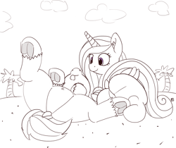 Size: 1280x1074 | Tagged: safe, artist:pabbley, princess cadance, shining armor, alicorn, pony, unicorn, 30 minute art challenge, beach, belly button, cute, dock, featureless crotch, frog (hoof), hoofbutt, lineart, on back, partial color, tongue out, underhoof