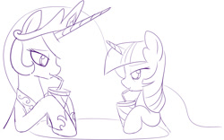 Size: 1104x687 | Tagged: safe, artist:mcsadat, princess celestia, twilight sparkle, alicorn, pony, drink, female, lesbian, lineart, monochrome, shipping, twilestia