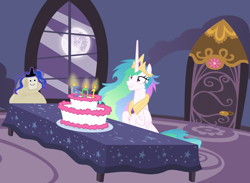 Size: 6000x4400 | Tagged: safe, artist:magister39, princess celestia, alicorn, pony, absurd resolution, cake, cakelestia, female, flour, flour sack, fridge horror, mare, mare in the moon, messy mane, moon, sad, smiling, snaplestia, solo, the implications are horrible