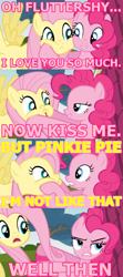 Size: 500x1122 | Tagged: safe, edit, edited screencap, screencap, fluttershy, pinkie pie, earth pony, pegasus, pony, comic, female, flutterpie, image macro, lesbian, screencap comic, shipping, shipping denied, squishy, squishy cheeks