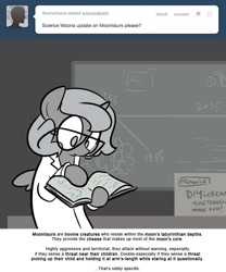 Size: 666x800 | Tagged: safe, artist:egophiliac, pinkie pie, princess luna, alicorn, earth pony, pony, book, chalkboard, clothes, filly, glasses, grayscale, lab coat, monochrome, moonstuck, science woona, solo, woona, younger