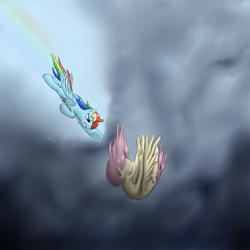 Size: 1200x1200 | Tagged: safe, artist:vabla, fluttershy, rainbow dash, pegasus, pony, duo, falling