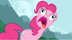 Size: 1366x772 | Tagged: safe, screencap, pinkie pie, earth pony, pony, too many pinkie pies, derp, faic, pinkie frogmouth, reaction image