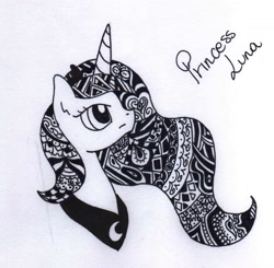 Size: 1410x1379 | Tagged: safe, artist:coffytacotuesday, princess luna, alicorn, pony, bust, decorative hatching, monochrome, portrait, solo, traditional art