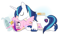 Size: 1200x720 | Tagged: safe, artist:dm29, princess cadance, shining armor, alicorn, pony, unicorn, female, male, patreon, patreon logo, shiningcadance, shipping, simple background, snuggling, straight, transparent background, unshorn fetlocks