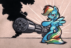 Size: 688x469 | Tagged: safe, artist:graffegruam, rainbow dash, pegasus, pony, bipedal, cigar, gun, minigun, smoking, solo, weapon