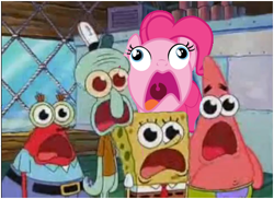 Size: 483x352 | Tagged: safe, edit, pinkie pie, earth pony, pony, 1000 years in photoshop, crossover, derp, faic, female, funny, krusty krab, looking at you, mare, mr. krabs, open mouth, patrick star, pinkie frogmouth, pressure, silly face, spongebob squarepants, squidward tentacles