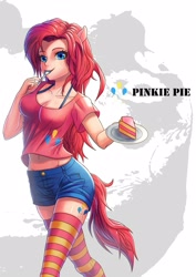 Size: 1131x1600 | Tagged: safe, artist:takos000, pinkie pie, cake, cleavage, clothes, cutie mark, eared humanization, eating, female, food, humanized, shorts, solo, spoon, stockings, tailed humanization