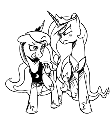 Size: 1280x1427 | Tagged: safe, artist:anticular, princess celestia, princess luna, alicorn, pony, duo, duo female, female, frown, grin, lunadoodle, mare, monochrome, peytral, smiling, unamused