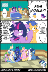 Size: 604x888 | Tagged: safe, artist:shujiwakahisaa, flash sentry, night light, princess cadance, princess celestia, princess luna, shining armor, spike, twilight sparkle, twilight sparkle (alicorn), twilight velvet, oc, alicorn, dragon, pony, unicorn, comic:the magic of pregnancy, angry, bed, comic, female, flashlight, hospital, male, pregnant, shining armor is not amused, shipping, simpsons did it, spike's family, straight, the simpsons