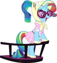 Size: 2400x2638 | Tagged: safe, edit, rainbow dash, rarity, pony, unicorn, sleepless in ponyville, bipedal leaning, camping outfit, clothes, dress, glasses, open mouth, rainbow dash always dresses in style, recolor, simple background, smiling, solo, transparent background, vector, vector edit