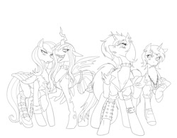 Size: 1280x999 | Tagged: safe, artist:nauth, princess cadance, princess celestia, princess luna, queen chrysalis, changeling, changeling queen, clothes, cosplay, costume, digital art, fangs, lineart, monochrome, open mouth, punk, tongue out