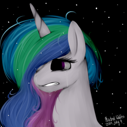 Size: 720x720 | Tagged: safe, artist:rachelsrandomart, princess celestia, alicorn, pony, bust, female, horn, mare, multicolored mane, solo, white coat