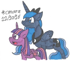 Size: 927x794 | Tagged: safe, artist:cmara, princess luna, twilight sparkle, twilight sparkle (alicorn), alicorn, pony, traditional art