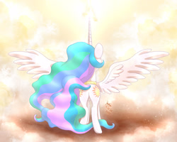 Size: 2500x2000 | Tagged: safe, artist:joakaha, princess celestia, alicorn, pony, cloud, cloudy, day, plot, sky, solo, spread wings, sunbutt