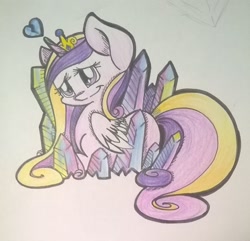 Size: 1338x1291 | Tagged: safe, artist:cutepencilcase, princess cadance, alicorn, pony, crystal, prone, solo, traditional art