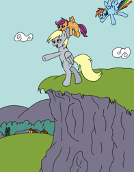 Size: 792x1008 | Tagged: safe, artist:spark-burst, derpy hooves, rainbow dash, scootaloo, pegasus, pony, background pony, cliff, cloud, derp, fastball special, female, filly, flying lesson, implied scootabuse, mare, scootaloo can't fly, this will end in death, this will end in tears, this will end in tears and/or death