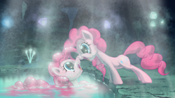 Size: 1920x1080 | Tagged: safe, artist:skwareblox, pinkie pie, earth pony, pony, too many pinkie pies, boop, cave, cave pool, clone, cute, eye contact, happy, mirror pool, noseboop, open mouth, pinkie clone, smiling, wet