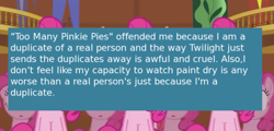 Size: 500x239 | Tagged: safe, edit, edited screencap, screencap, pinkie pie, earth pony, pony, too many pinkie pies, caption, clone, female, mare, meta, offensive ponies, pinkie clone, pinkie clone debate, text