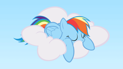 Size: 1920x1080 | Tagged: safe, rainbow dash, pegasus, pony, blue coat, cloud, female, mare, multicolored mane, sleeping