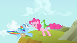 Size: 1280x721 | Tagged: safe, screencap, gummy, pinkie pie, rainbow dash, earth pony, pegasus, pony, party of one, yelling