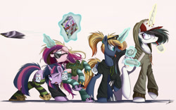 Size: 2500x1563 | Tagged: safe, artist:ncmares, princess cadance, princess celestia, princess luna, twilight sparkle, twilight sparkle (alicorn), alicorn, pony, alicorn tetrarchy, ask majesty incarnate, clothes, dashie slippers, disguise, equestria daily, fake cutie mark, female, hoodie, levitation, magazine, magic, majestic as fuck, mare, my eyes are up here, open mouth, paper-thin disguise, simple background, slippers, socks, sticky note, striped socks, sunglasses, telekinesis, twily slippers, white background, wig