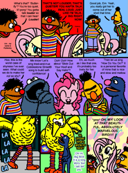 Size: 569x771 | Tagged: safe, artist:hirake! pony key, fluttershy, pinkie pie, earth pony, pegasus, pony, bert, big bird, cobblestone street, comic, cookie monster, crossover, ernie, grover, louder, my little pony meets sesame street, sesame street