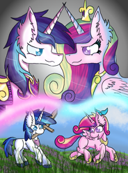 Size: 1400x1900 | Tagged: safe, artist:fusiondash, princess cadance, shining armor, alicorn, pony, unicorn, chest fluff, fluffy, horns are touching, looking at each other, mouth hold, smiling, sword, teen princess cadance, weapon, younger