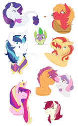 Size: 953x1533 | Tagged: safe, artist:the-chibster, big macintosh, princess cadance, rarity, roseluck, scootaloo, shining armor, spike, sunset shimmer, sweetie belle, alicorn, dragon, earth pony, pegasus, pony, unicorn, female, lesbian, male, older, scootabelle, shipping, smiling