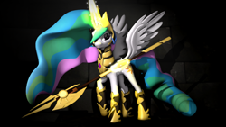 Size: 2120x1192 | Tagged: safe, artist:longsword97, princess celestia, alicorn, pony, 3d, armor, fall of the crystal empire, halberd, magic, raised hoof, solo, spear, warrior celestia, weapon