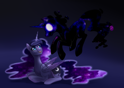 Size: 1200x848 | Tagged: safe, artist:murzik-teijiro, princess luna, tantabus, alicorn, pony, glowing eyes, happy, hello darkness my old friend, looking at each other, missing accessory, prone, shadow, smiling, solo