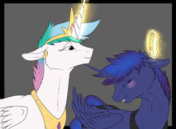 Size: 1280x937 | Tagged: safe, artist:backlash91, princess celestia, princess luna, alicorn, pony, alternate hairstyle, blushing, eyes closed, floppy ears, grin, magic, shaver, shaving, short hair, short mane, smiling, telekinesis