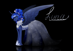 Size: 2600x1800 | Tagged: safe, artist:maria-fly, princess luna, alicorn, pony, alternate hairstyle, beautiful, clothes, dress, looking at you, ruff (clothing), smiling, solo