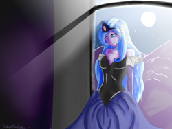 Size: 4000x3000 | Tagged: safe, artist:midnightbarskavil, princess luna, human, absurd resolution, breasts, clothes, crepuscular rays, dress, female, full moon, humanized, moonlight, mountain, night sky, pony coloring, sad, signature, solo, stars