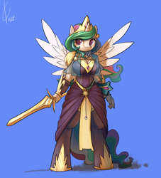 Size: 2000x2200 | Tagged: safe, artist:valcron, princess celestia, anthro, unguligrade anthro, armor, bipedal, breasts, female, princess breastia, solo, standing, sword, warrior celestia, weapon