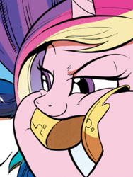 Size: 437x581 | Tagged: safe, artist:andypriceart, idw, princess cadance, alicorn, pony, bedroom eyes, cheeks, clothes, comic, flirting, hooves, hooves on face, hooves up, like what you see?, looking down, raised eyebrow, regalia, shoes, smiling, smirk, smug, squishy, squishy cheeks