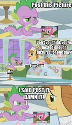 Size: 448x770 | Tagged: safe, donut joe, pinkie pie, spike, dragon, earth pony, pony, caption, comic, imageboard, ponychan