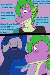 Size: 1200x1800 | Tagged: safe, artist:moonakart13, princess luna, spike, alicorn, dragon, pony, adult spike, ask, ask-spike-the-demon, blushing, bust, clothes, crack shipping, dialogue, eyes closed, nose kiss, older, portrait, shipping, shirt, shock, spiluna, text, tumblr