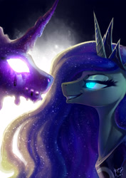 Size: 2480x3507 | Tagged: safe, artist:begasus, princess luna, tantabus, alicorn, pony, duo, female, glowing eyes, grin, mare, nightmare luna, smiling