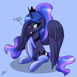 Size: 2301x2306 | Tagged: safe, artist:nexcoyotlgt, princess luna, alicorn, pony, :p, :t, alternate hairstyle, blatant lies, blue background, blushing, cheek fluff, clothes, cute, female, floppy ears, i'm not cute, lunabetes, mare, one eye closed, ponytail, silly, silly pony, simple background, sitting, smiling, socks, solo, spread wings, stockings, thigh highs, tongue out, weapons-grade cute, wings, wink