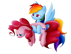 Size: 3000x2300 | Tagged: safe, artist:munkari, pinkie pie, rainbow dash, earth pony, pegasus, pony, too many pinkie pies, carrying, female, floppy ears, mare, sad, scene interpretation, simple background, transparent background