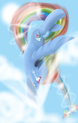 Size: 1500x2350 | Tagged: safe, artist:royalppurpl3, rainbow dash, pegasus, pony, blue coat, female, flying, mare, multicolored mane, solo, sonic rainboom