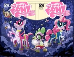 Size: 1600x1237 | Tagged: safe, idw, owlowiscious, pinkie pie, spike, twilight sparkle, dragon, earth pony, parasprite, pony, comic, cover, official, official comic